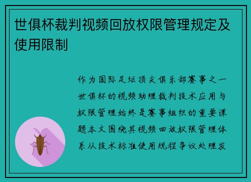 世俱杯裁判视频回放权限管理规定及使用限制